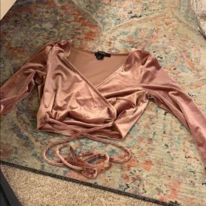 Pink Long Sleeve Velvet Crop Top